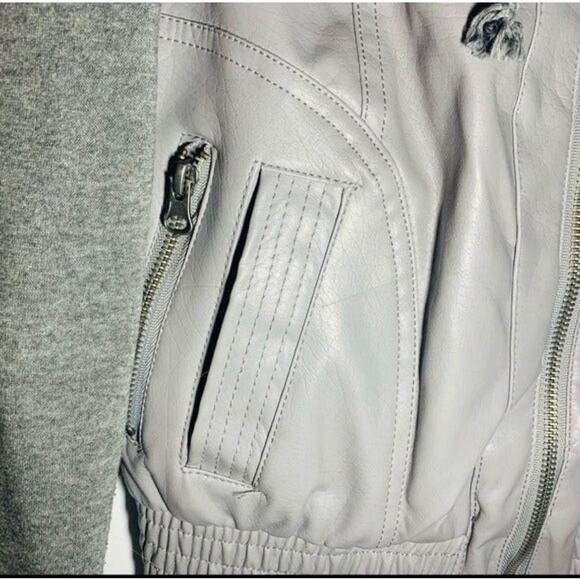 Gray Faux Leather Knit Hoodie Jacket Zip-Up Bomber Style Streetwear Size Small - Picture 6 of 8